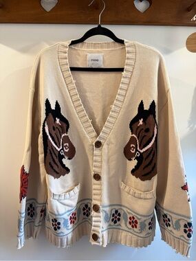 FOUND Cream Horse Intarsia Button-Front Cardigan